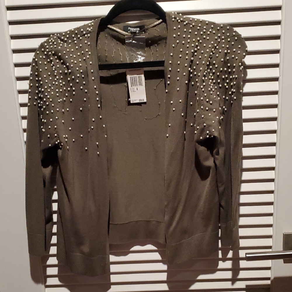 Premise Olive Cardigan with Pearl Accents